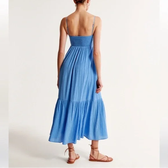 NWT Abercrombie Crinkle Textured Ruched Maxi Dress Medium Petite - Picture 4 of 13